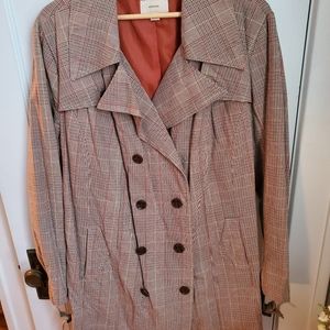 Brown, orange, and yellow plaid trench coat